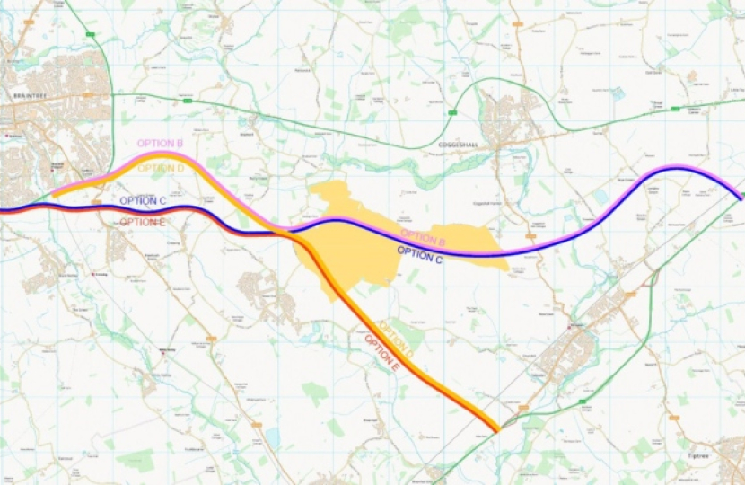 The four options for dualling the A120 - Option D, shown in yellow, is the favoured route Picture: ESSEX COUNTY COUNCIL